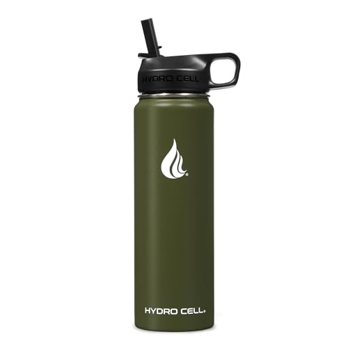 HYDRO CELL Stainless Steel Water Bottle w/Straw & Wide Mouth Lids (40oz 32oz 24oz 18oz) - Keeps Liquids Hot or Cold with Double Wall Vacuum Insulated Sweat Proof Sport Design (Army 24 oz)