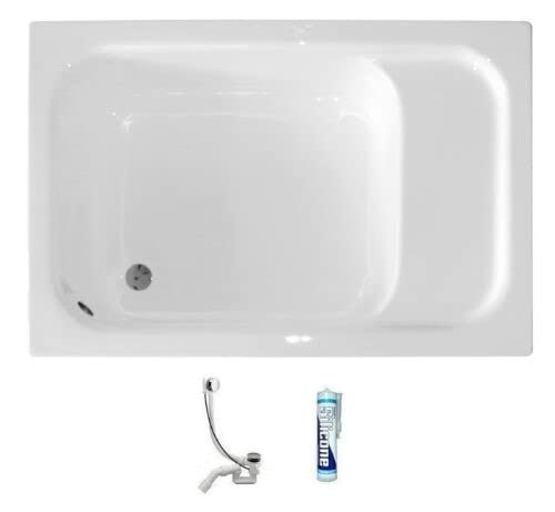 ECOLAM® Duschwanne Rechteck Rony Polimat 120x80 cm Acryl weiß tief mit Sitz Ab- und Überlaufgarnitur Silikon