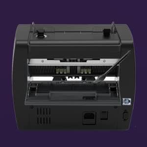 Tył view of the money counter machine with its back panel open, revealing the internal bill passage for cleaning and maintenance.