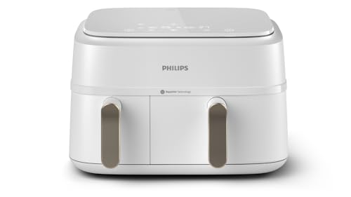 Philips Airfryer 3000 Series Dual Basket Heißluftfritteuse mit 2 Körben 9L Kapazität (6L+3L) RapidAir Plus Heißlufttechnologie 90% weniger Fett Rezepte-App Spülmaschinenfest Weiß (NA353/10)