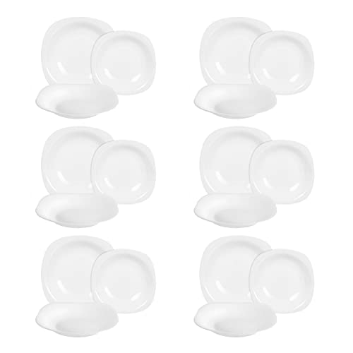 Bormioli Rocco Juego de Vajilla de 18 Piezas en Vidrio Opalino Blanco – Modelo Parma Cuadrado – Platos Llanos, Hondos y de Postre