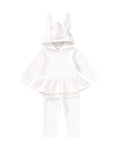 Baby Girl Hoodie Outfits Rabbit Ears Hooded Long Sleeve Tops with Pants Clothes Suit Lotus Leaf Hem Hoodie (White, 6-12 Months)