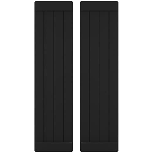 14"W x 42"H Americraft Four Board Exterior Real Wood Joined Board-n-Batten Shutters w/End Batten (Per Pair), Black