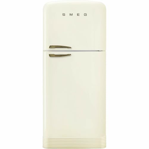 Image of Smeg FAB50 Retro Style Refrigerator - 19.28 cu. ft. Freestanding Fridge-Freezer, Dual Cooling, No-Frost, Adjustable Glass Shelves, Bronze Handle - Cream - Made in Italy