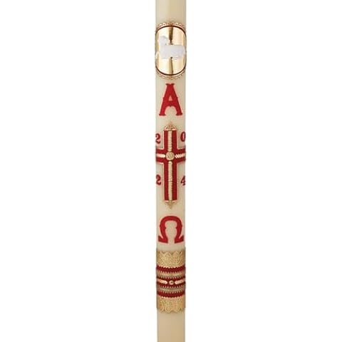 CB Church Supply Will & Baumer Hand Crafted Lamb of God Beeswax Paschal Candle with Nails, No 9, Red & Gold Cover