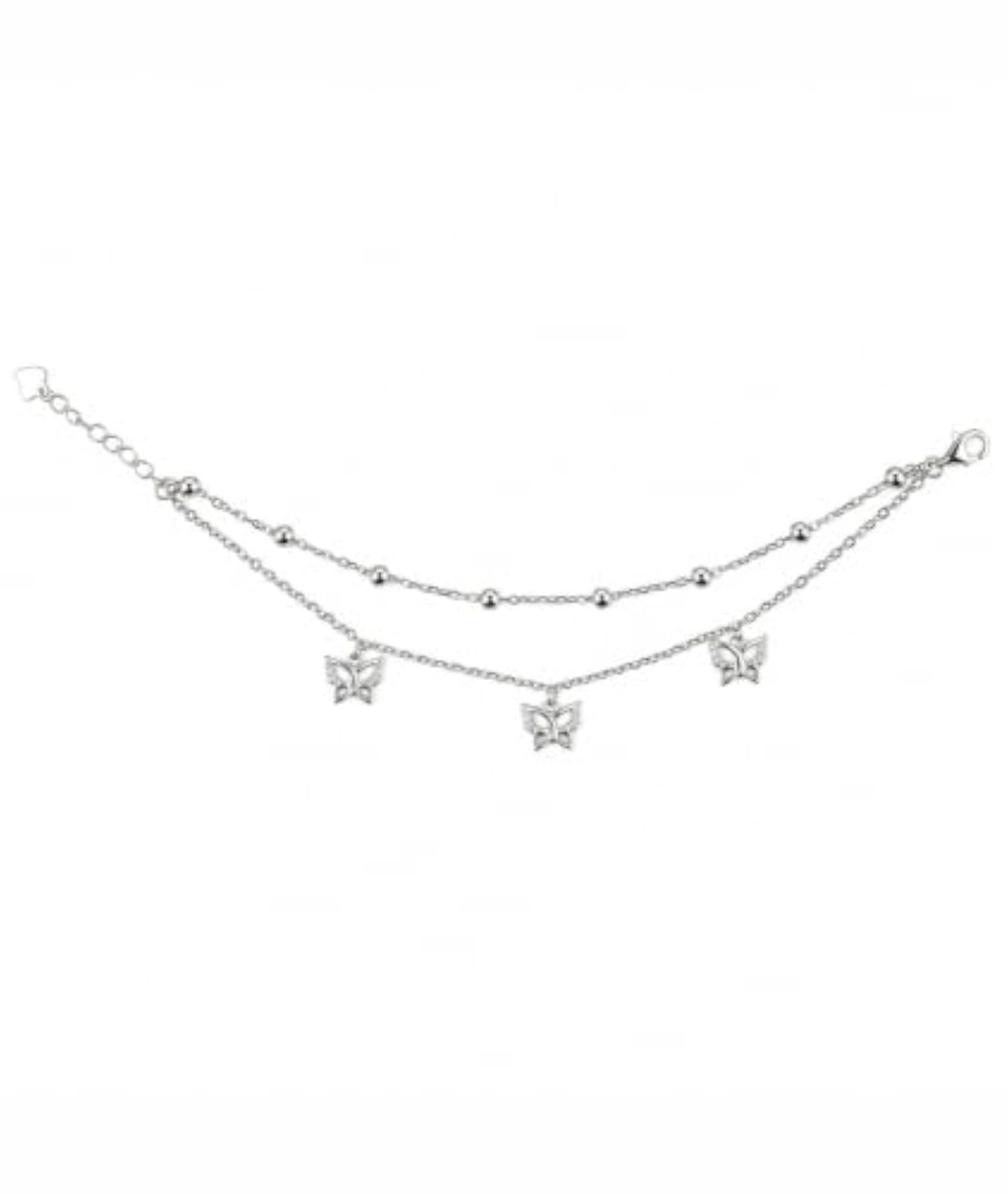925 Sterling Silver Butterfly Charm Double Layer Bracelet