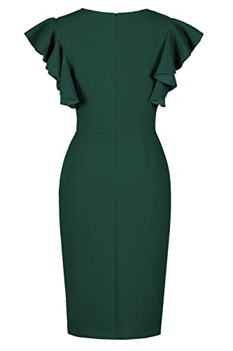 Oten Womens Deep V Neck Ruffle Sleeve Sheath Cocktail Party Formal Slit Pencil Dress Dark Green Medium #TOP3