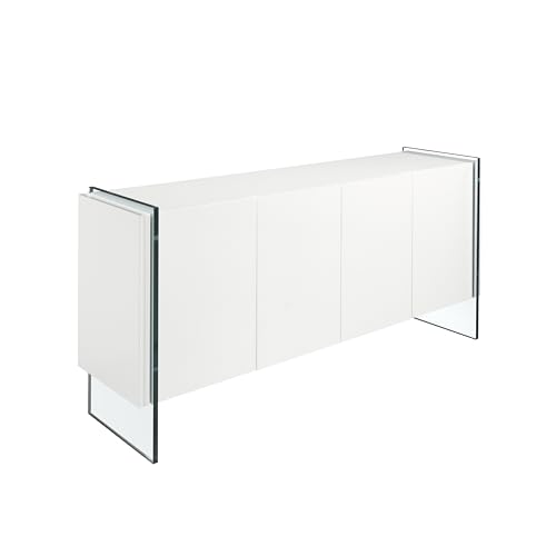 Angel Cerdá - Aparador Blanco Patas Laterales Cristal Templado y Cuatro Puertas - Aparador de Salón Moderno y Luminoso - Aparador Mueble con Gran Almacenaje - 170 x 43 x 77 cm