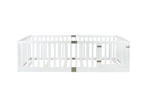 Image of Bellemave Full Size Kids Montessori Floor Bed Frame with Door and Slats,Solid Wood Floor Bed Frame with Slats and High Fence for Kids,Girls,Boys,White