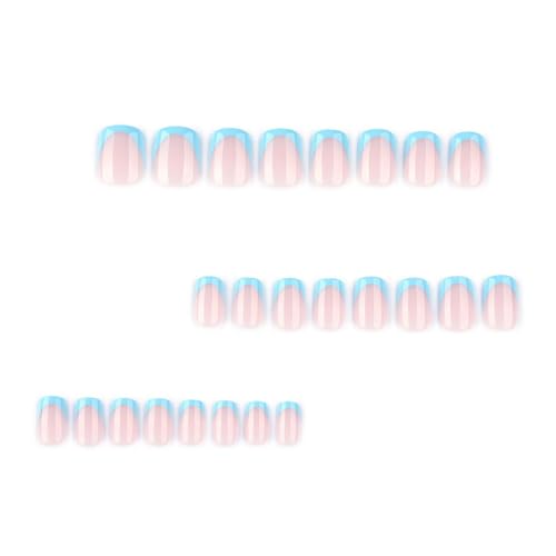 Image of Blue French Tip Nail Press ons Short Square Press on Nails Glossy Fake Nails Acrylic Full Cover Glue on Nails Reusable Artificial Finger Nail Nude Stick on Nail for Women Girls Manicure 24PCS
