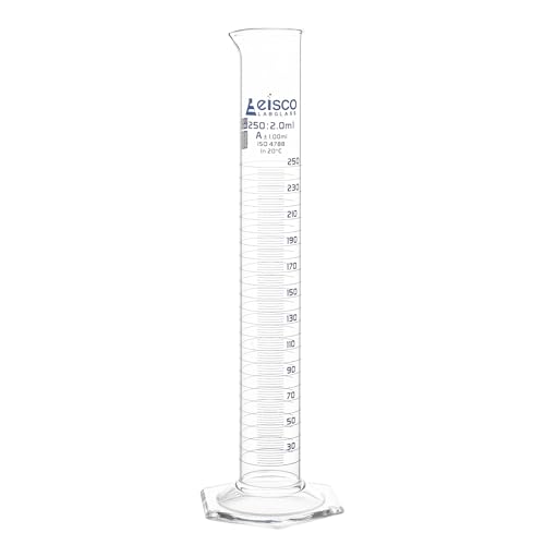 Eisco Labs - 250mL Measuring Cylinder - Tolerance ±1.00mL - Class A Graduated Cylinder - Calibrated TC - Hexagonal Base - Blue Graduations - Batch Work Certificate QR Code - Boro 3.3 Glass