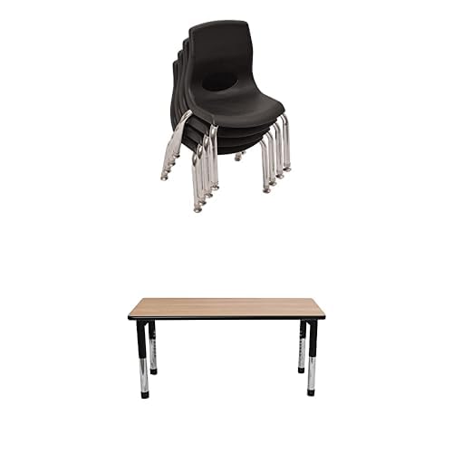 Angeles MyPosture Plus 8" H Chairs, Set-4 Black with Chrome Legs 24"x48" As We Grow School Table, Oak-Blk