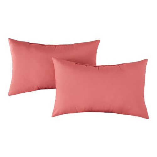 Set of 2 Outdoor Throw Pillows 19 x 12 Inch – Reversible Rectangle Patio Accent Pillows – Weather-Resistant Polyester Fabric – Eco-Friendly Recycled Polyfiber Fill – Coral