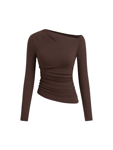CIDER Off The Shoulder Tops for Women Long Sleeve Shirts Asymmetrical Neck Ruched Going Out Tops Y2K Slim Fit Fall Top