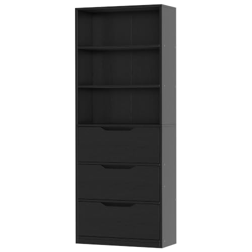 Image of Shintenchi Bookshelf,6-Tier Bookcase with 3 Drawers, 6 Shelf Display Storage Shelves Floor Standing 70.6 inches Tall Bookcase for Home Office, Living Room (Black)