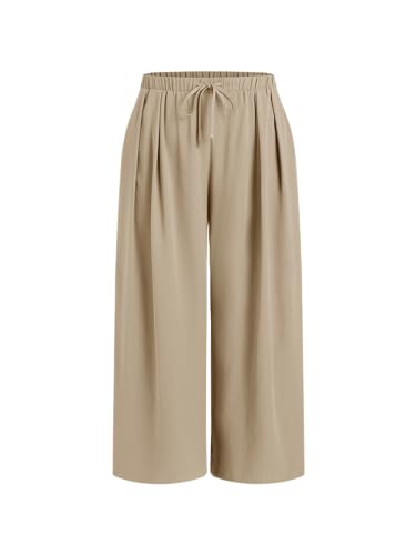 CIDER Elastic Waist Wide Leg Trousers Curve & Plus: Khaki