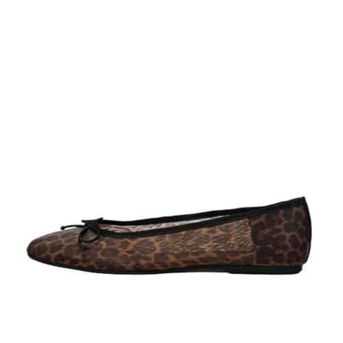 keleimusi Leopard Mesh Ballet Flat for Women Slip On Round Toe Mary Jane Ballet Flats with Bow Comfortable Casual Ballerina Shoes.
