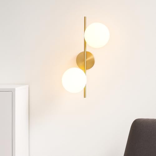 Applique da Parete Interno Moderna Oro con Doppia Sfera in Vetro | Attacco 2xG9 IP20 Elegante per Soggiorno, Sala da Pranzo, Corridoio (Oro)