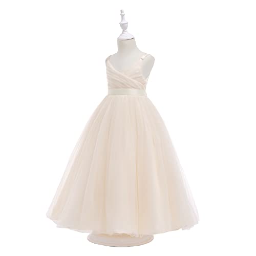 Glamulice Champagne Girls Lace Bridesmaid Dress Long A Line Wedding Pageant Dresses Tulle Spaghetti Strap Party Gown Holiday Kids Formal Flower Girl Dresses Princess Dance Maxi Ball Gown 10 Evening
