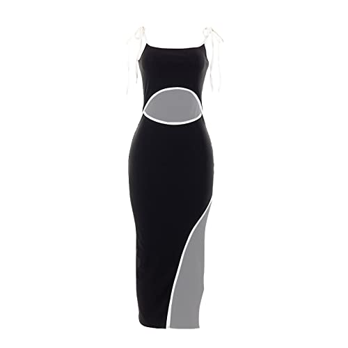 Spaghetti Strap Hollow Out Maxi Bodycon Dress Beach Sexy Patchwork Halter Neck Y2K Party Dresses (Hollow Out Midi Dress-Black, Small) #TOP4