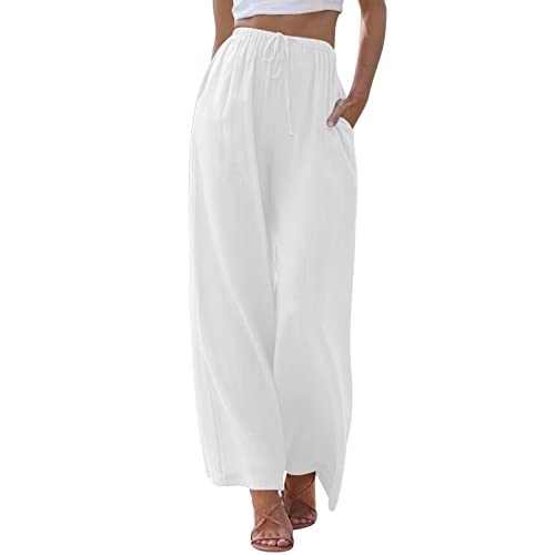 Linen Pants Women Wide Leg Elastic High Waist Pants Summer Flowy Palazzo Pant Loose Casual Beach Trousers with Pockets
