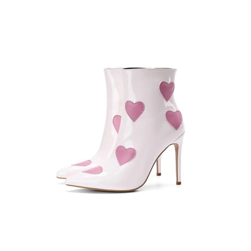 Frankie Hsu Women's Luxury Classic Large Size Cute Pink Heart-Shaped White Patent Leather High Heels Ankle Heeled Kitten Boots Bootie Shoes