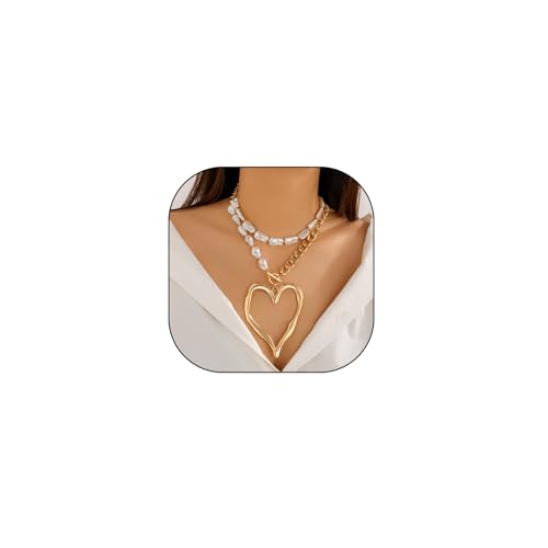 Y2k Large Heart Necklaces for Women Chunky Big Heart Pendant Necklace Exaggerated Layered Love Pearl Choker Necklace Set Dainty Statement Jewelry Gift