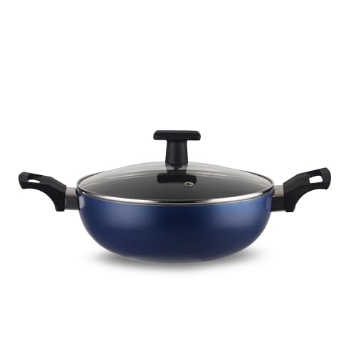 Image of CELLO Black Platina Triply Stainless Steel Deep Kadai /Kadhai with Lid 4.7 Litre (28cm Dia) | Stainless Steel Cookware | 5 Year Warranty | Induction & Gas Base | Heavy Base | Dark Blue