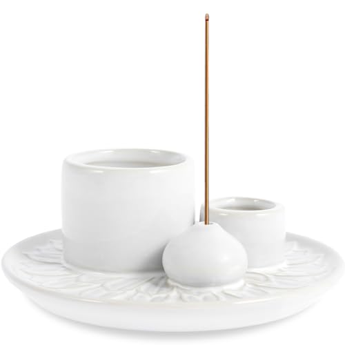 KEGAJEGA 4 in 1 Bruciatore per Incenso per Ogni Tipo di Incenso, Porta Palo Santo Multifunzionale in Ceramica, Bruciatore per Incenso e Porta Bastoncini per Yoga, Meditazione e Decorazione Domestica