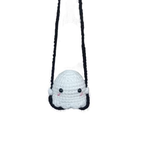 Halloween Ghost Crochet Car Ornament Handmade Knitted Rearview Mirror Hanging Charm Cute Car Interior Decoration Swinging Ghost Ornament for Men and Women