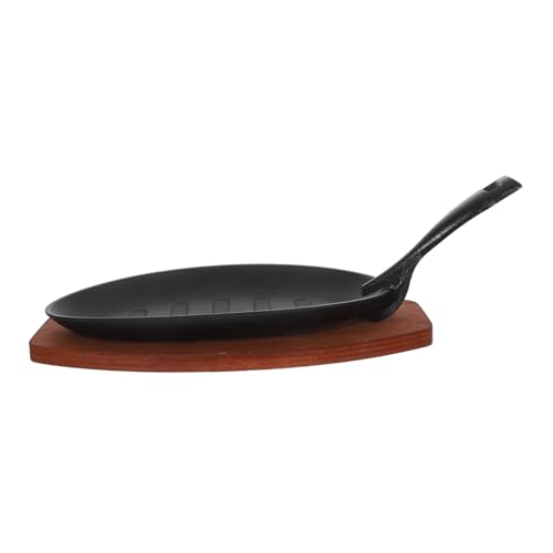 Cabilock Cast Iron Baking Pan Fajita Plate for Home Barbecue Catering Wooden Tray Sizzling Steak Plate Iron Cast Frying Pan