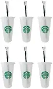 Starbucks 6 Pack Reusable Venti 24oz Frosted Cold Cup With Lid and Green Straw w/Stopper