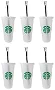Starbucks 6 Pack Reusable Venti 24oz Frosted Cold Cup With Lid and Green Straw w/Stopper