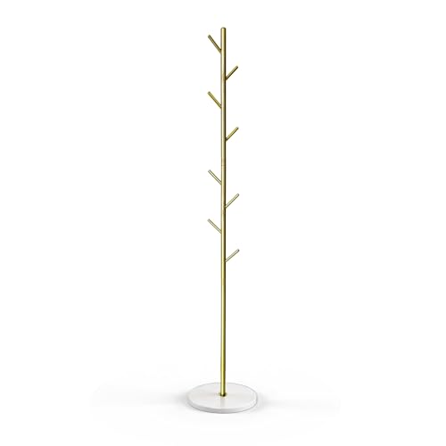 BLAKUN Coat Rack with Real Marble Base Freestanding Metal Clothing Rack with 8 Hooks Modern Hall Tree for Entryway Bedroom & Office Space Saving Coat Hanger Stand for Small Spaces (Gold)