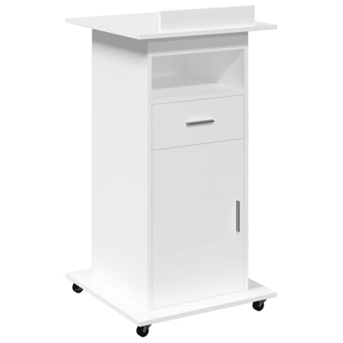 vidaXL Atril con ruedas y cajón madera ingeniería blanco 55x55x107 cm, tribuna, atril de orador, púlpito, plataforma, podio, pupitre, soporte de atril