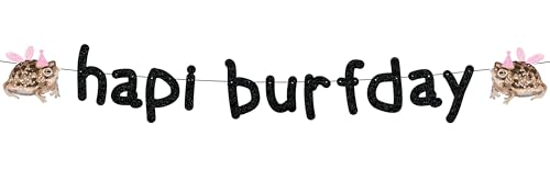 Happy Birthday Banner Pre-Strung Black Glitter Funny Hapi Burfday Birthday Decorations for Frog Lovers Bday Party Decor