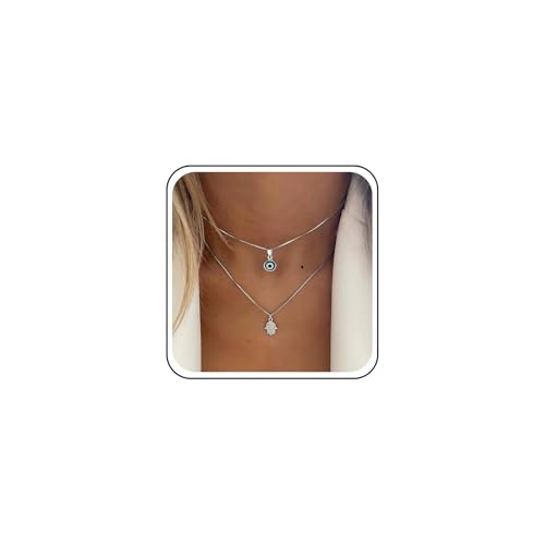 Cybche Vintage Capas Mal De Ojo Collar Gargantilla De Plata Hamsa Mano Colgante Collar Turco Azul Ojo Collares De Capas De Cadena De Caja Italiana Collares Suerte Protección Joyas Para Las Mujeres