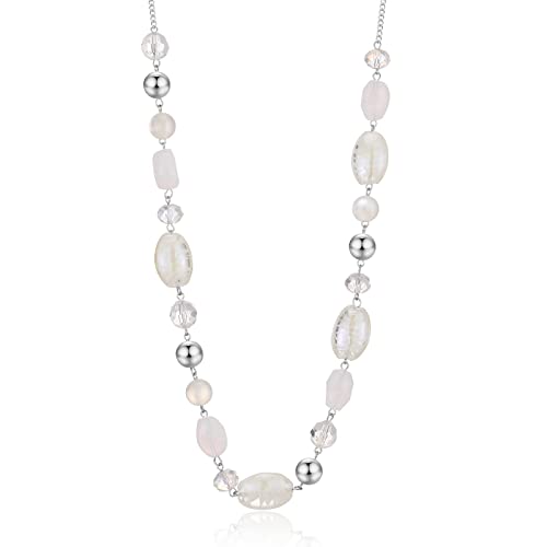 FULU AUTUMN Long Beaded Necklaces for Women Silver Link Chain Necklace with Shell Crystal Beads, Party Gifts for Her
