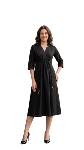 Image of New Ethnic 4 You Women's Pure Cotton Solid Black A-Line Midi Dress