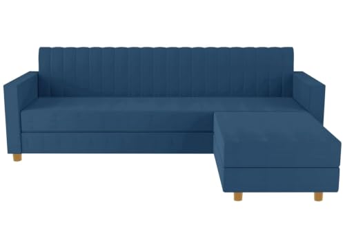 Image of Rosebell 3 + 1 Four Seater - Wooden L Shape Convertible Sofa Set for Living Room Furniture Set Upholstery-Velvet Fabric, Modular Sectional Couch for Home & Office - Blue