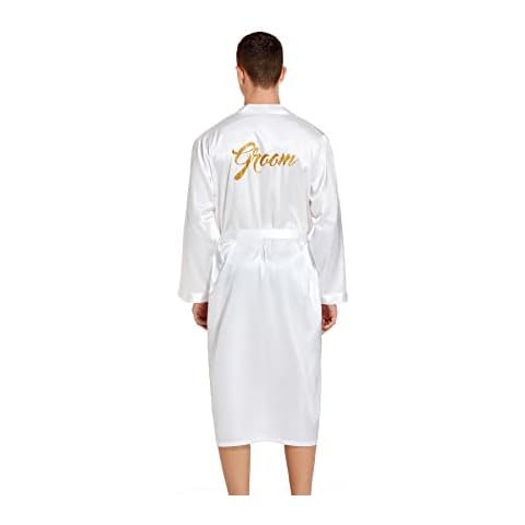 Prohonbec Men's Kimono Satin Dressing Gown with 2 Pockets for Daily Use, Sleep, Wedding, Silky Long Sleeve Bathrobe, Sleepwear, Weißer Bräutigam, XXL Cover
