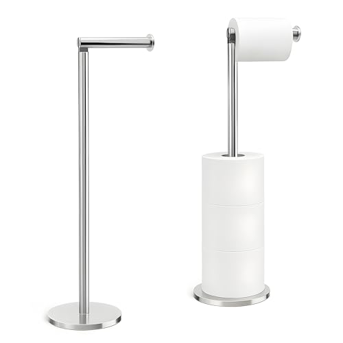 FB FunkyBuys Black Freestanding Toilet Roll Holder – Durable Stainless Steel, 2-in-1 Toilet Paper Holder, Holds 1 Roll & Stores 3, Anti-Slip Base for Stability (Chrome)