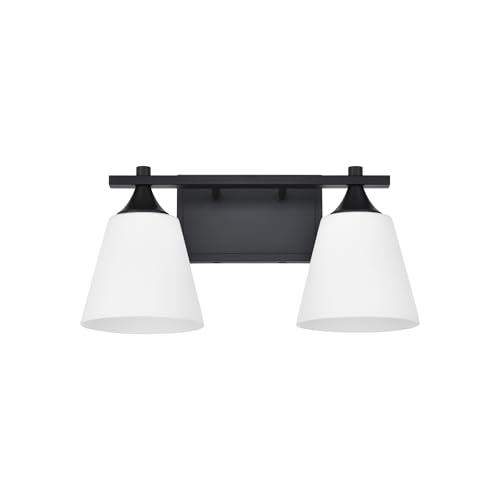 Image of Black Bathroom Vanity Light Fixtures, 2 Lights Traditional Vanity Lighting Fixture with Opal Glass Shade, Porch Wall Mount Light Fixture for Bathroom, Mirror Cabinets Hallway Stairs, Matte Black