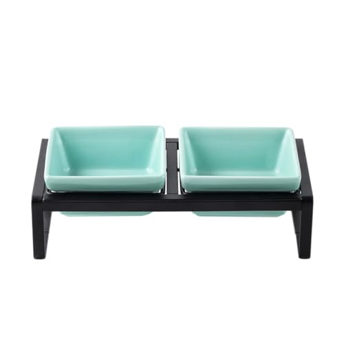 GRIRIW 1 セット ダブルコンパートメントボウル 犬のボウル ペットフードフィーダー セラミック給餌ボウル ドッグフードボウル セラミックペットフィーダー 猫ボウル Blue ステンレス鋼