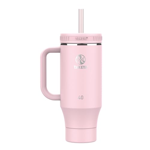 Image of Takeya Stainless Steel Tumbler with Handle and Straw (40 oz, Blush) - Insulated Water Bottle with Straw for Water & Iced Beverages