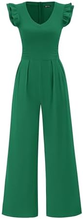 PRETTYGARDEN One Piece Jumpsuits For Women Dressy Ruffle Cap Sleeve V Neck Ribbed Knit Wide Leg Romper 2026 Spring Outfits