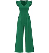 PRETTYGARDEN One Piece Jumpsuits For Women Dressy Ruffle Cap Sleeve V Neck Ribbed Knit Wide Leg R...