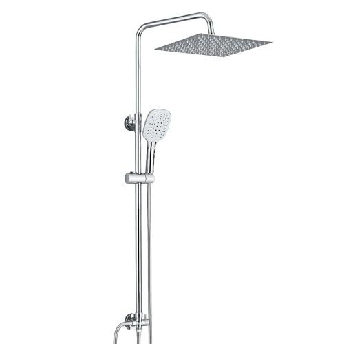 HARNART Colonne de Douche Sans Mitigeur,Colonne de Douche Chromé avec Tête de Douche Carré 30x30 CM Pour Baignoire Hauteur Réglable avec Pommeau de Douche en ABS