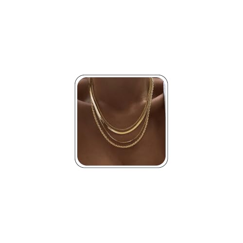 Tewiky Layered Necklaces for Women Non Tarnish- Chunky 14k Gold Plated Herringbone/Snake/Rope/Box/Cuban Link Chain for Women Waterproof Layering Stack Choker Necklace Trendy Dainty Tarnish Free Jewelry Set