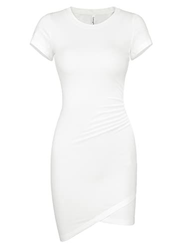 Laughido Tshirt Ruched Bodycon Mini Dress Women's Short Sleeve Casual Fitted Wrap Sundress (White, Small) #TOP3